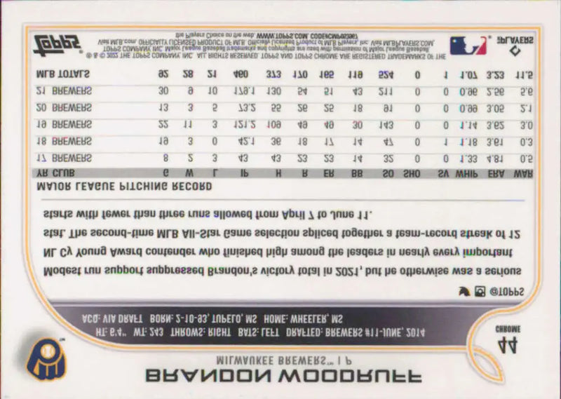 2022 Topps Chrome #44 Brandon Woodruff NM-MT Milwaukee Brewers Baseball Card - Baseball Card Single
