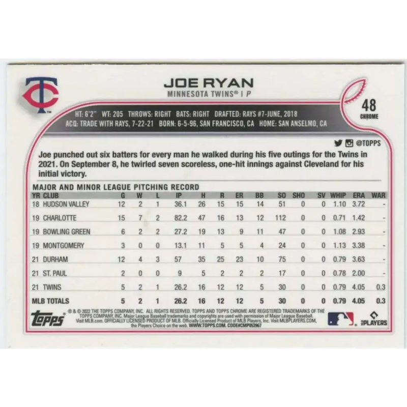 2022 Topps Chrome #48 Joe Ryan NM-MT RC Rookie Minnesota Twins Baseball Card - Baseball Card Single