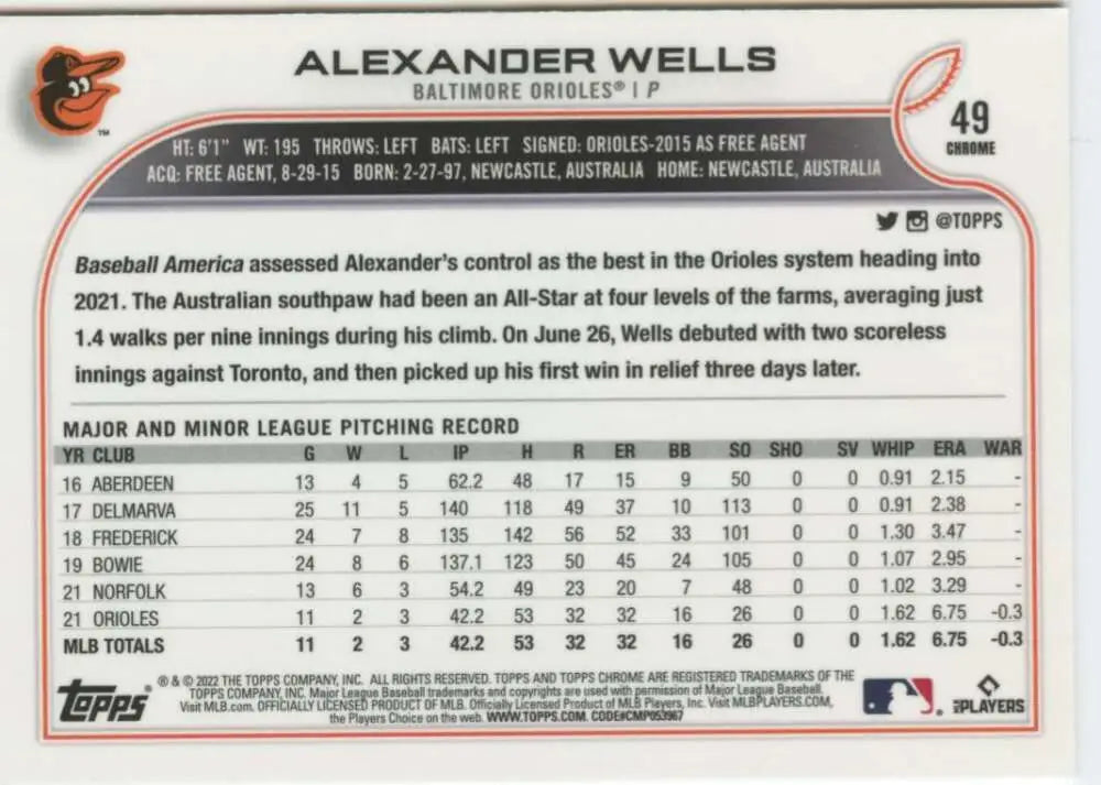 2022 Topps Chrome #49 Alexander Wells NM-MT RC Rookie Baltimore Orioles Baseball Card - Baseball Card Single