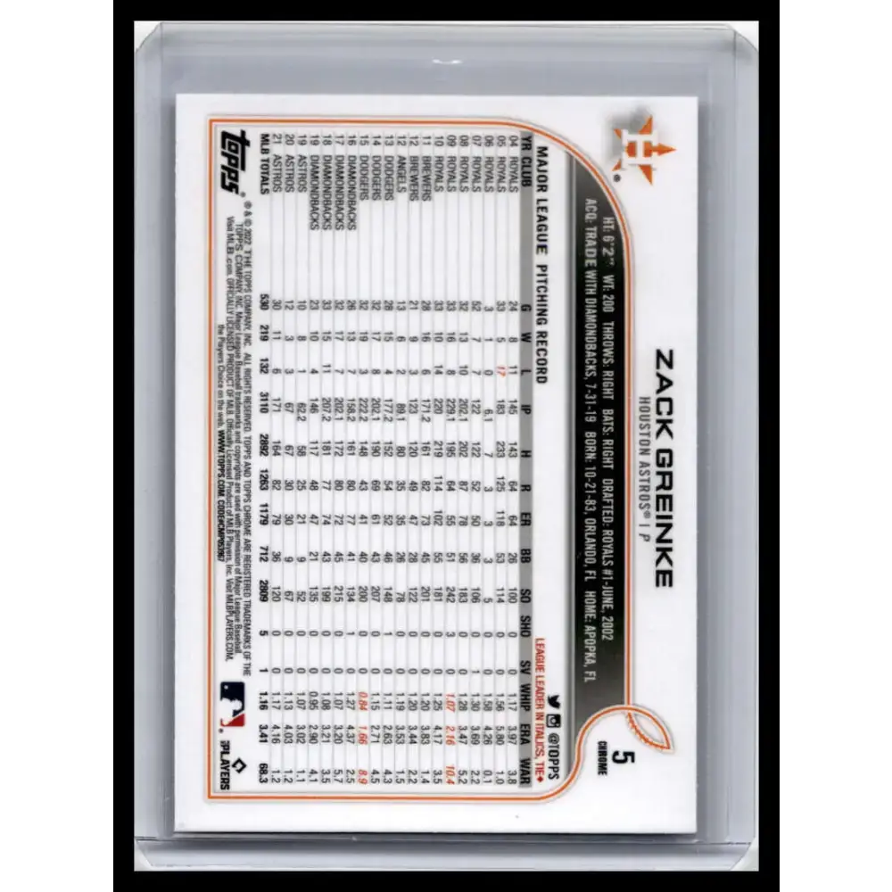 2022 Topps Chrome #5 Zack Greinke NM-MT Houston Astros Baseball Card - Baseball Card Single