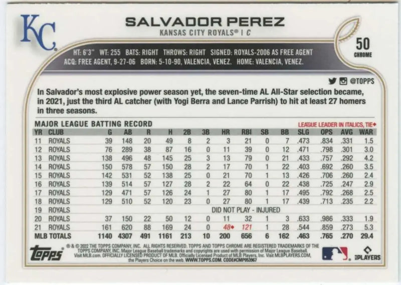 2022 Topps Chrome #50 Salvador Perez NM-MT Kansas City Royals Baseball Card - Baseball Card Single
