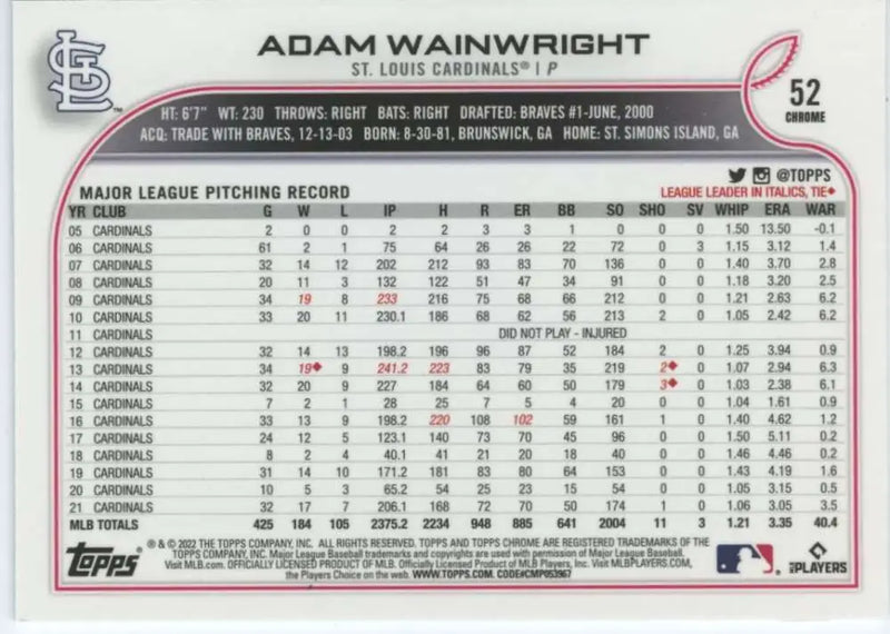 2022 Topps Chrome #52 Adam Wainwright NM-MT St. Louis Cardinals Baseball Card - Baseball Card Single
