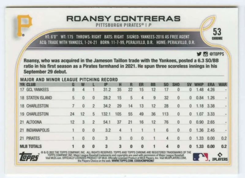2022 Topps Chrome #53 Roansy Contreras NM-MT RC Rookie Pittsburgh Pirates Baseball Card - Baseball Card Single