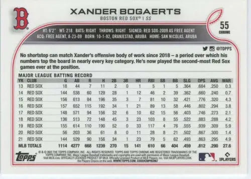 2022 Topps Chrome Xander Bogaerts baseball card with original gloss for Red Sox collectors