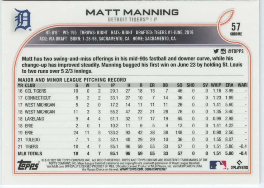 2022 Topps Chrome #57 Matt Manning NM-MT RC Rookie Detroit Tigers Baseball Card - Baseball Card Single