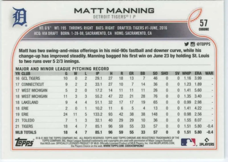 2022 Topps Chrome #57 Matt Manning NM-MT RC Rookie Detroit Tigers Baseball Card - Baseball Card Single
