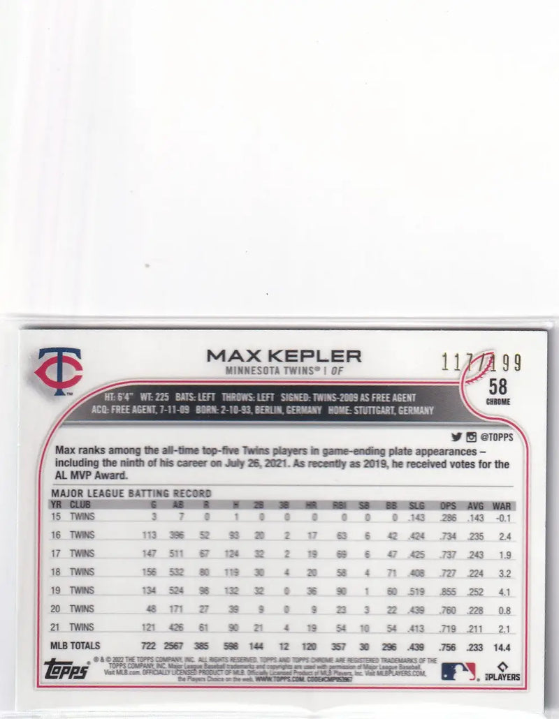 2022 TOPPS CHROME #58 MAX KEPLER DIAMOND CUT 117/199- MINNESOTA TWINS