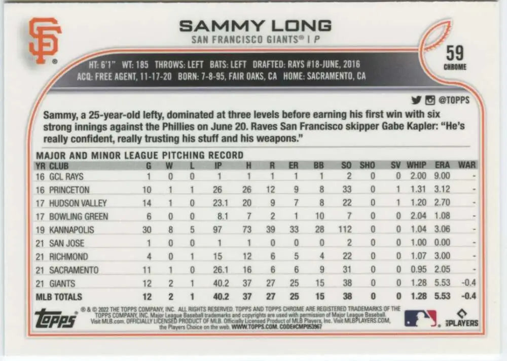 2022 Topps Chrome #59 Sammy Long NM-MT RC Rookie San Francisco Giants Baseball Card - Baseball Card Single