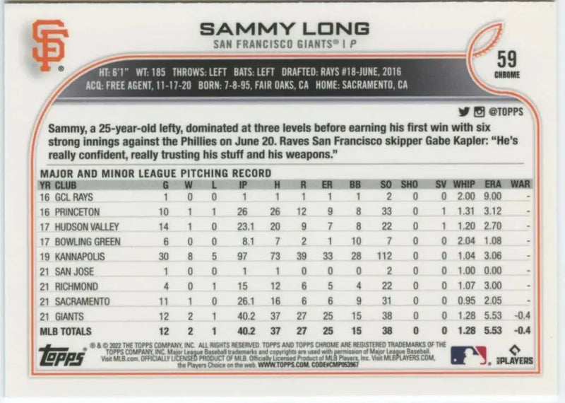 2022 Topps Chrome #59 Sammy Long NM-MT RC Rookie San Francisco Giants Baseball Card - Baseball Card Single
