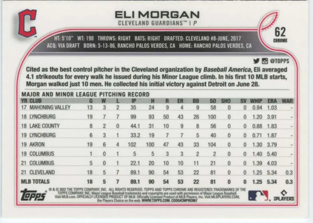 2022 Topps Chrome #62 Eli Morgan NM-MT RC Rookie Cleveland Guardians Baseball Card - Baseball Card Single
