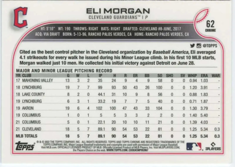 2022 Topps Chrome #62 Eli Morgan NM-MT RC Rookie Cleveland Guardians Baseball Card - Baseball Card Single