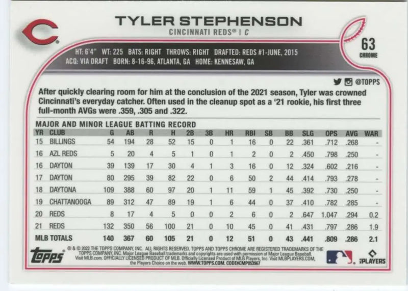 2022 Topps Chrome #63 Tyler Stephenson NM-MT Cincinnati Reds Baseball Card - Baseball Card Single