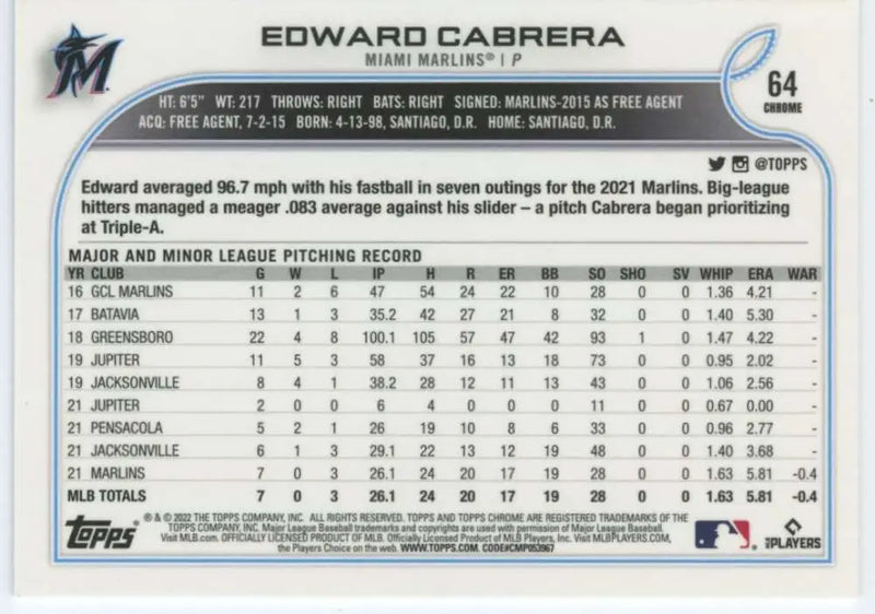 2022 Topps Chrome #64 Edward Cabrera NM-MT RC Rookie Miami Marlins Baseball Card - Baseball Card Single