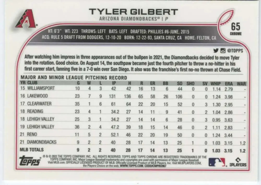 2022 Topps Chrome #65 Tyler Gilbert NM-MT RC Rookie Arizona Diamondbacks Baseball Card - Baseball Card Single