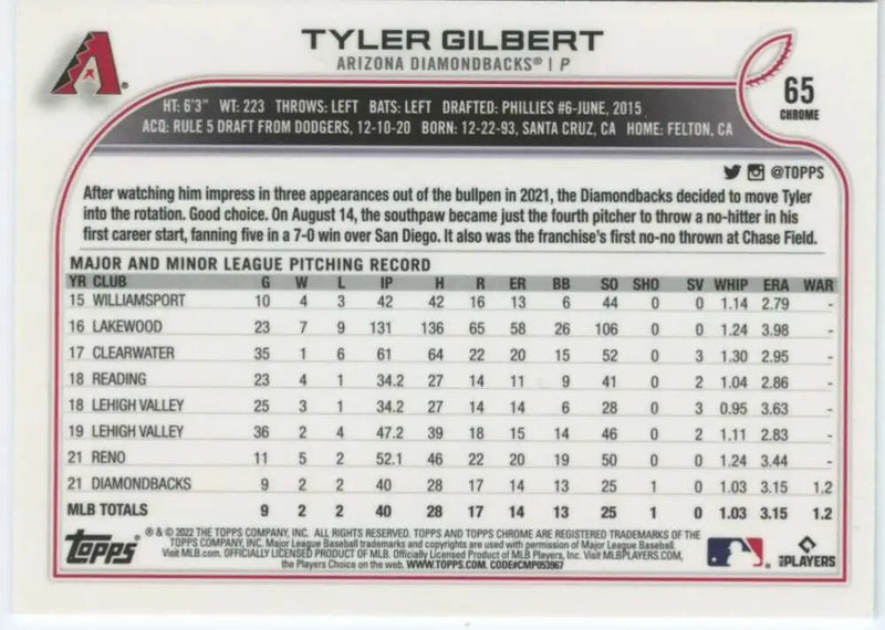 2022 Topps Chrome #65 Tyler Gilbert NM-MT RC Rookie Arizona Diamondbacks Baseball Card - Baseball Card Single