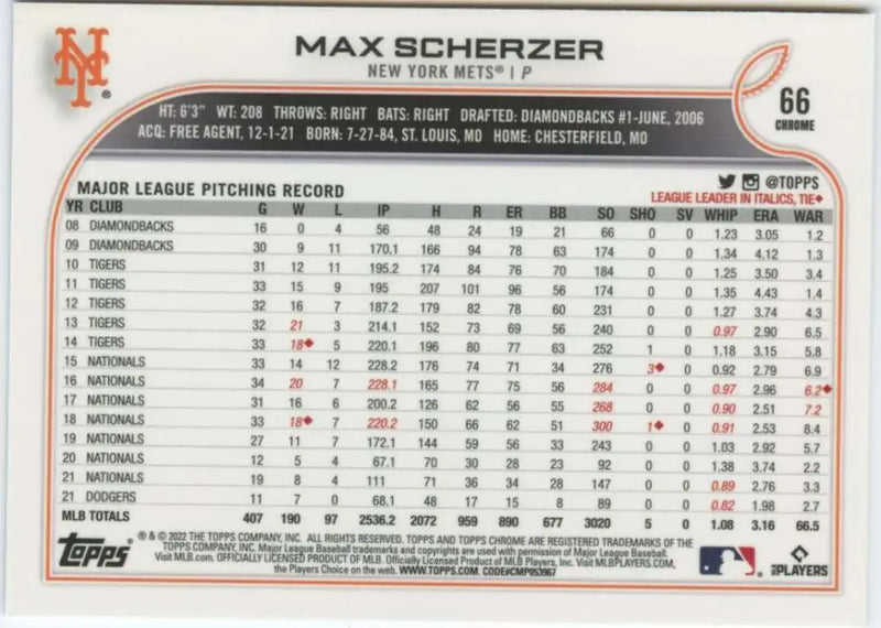 2022 Topps Chrome #66 Max Scherzer NM-MT New York Mets Baseball Card - Baseball Card Single