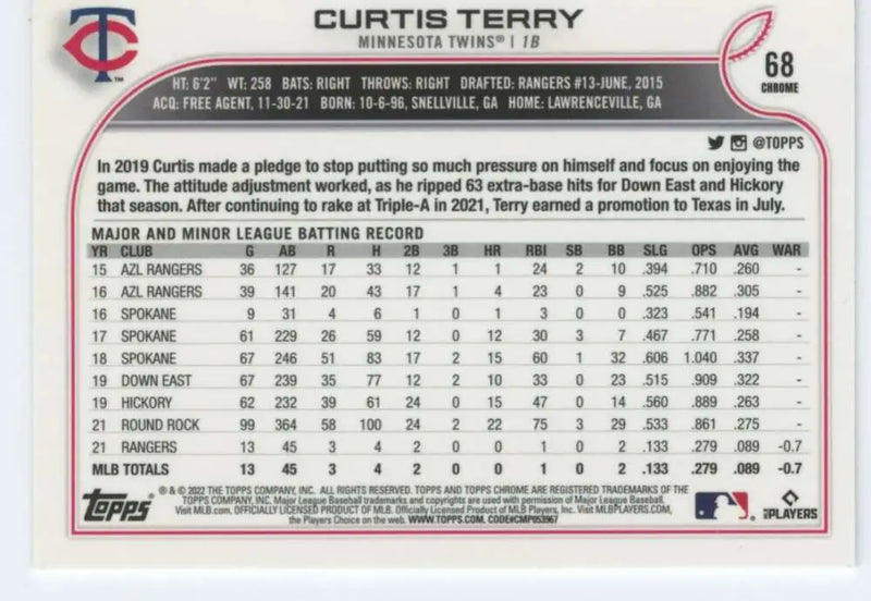 2022 Topps Chrome #68 Curtis Terry NM-MT RC Rookie Minnesota Twins Baseball Card - Baseball Card Single