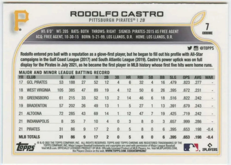 2022 Topps Chrome #7 Rodolfo Castro NM-MT RC Rookie Pittsburgh Pirates Baseball Card - Baseball Card Single