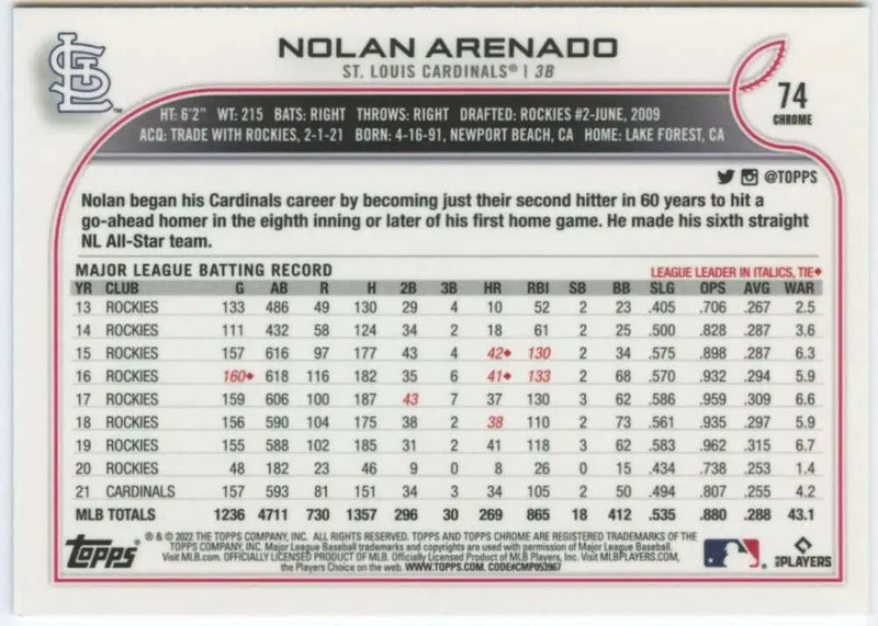 2022 Topps Chrome #74 Nolan Arenado NM-MT St. Louis Cardinals Baseball Card - Baseball Card Single