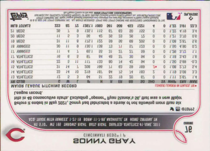 2022 Topps Chrome #76 Sonny Gray NM-MT Cincinnati Reds Baseball Card - Baseball Card Single