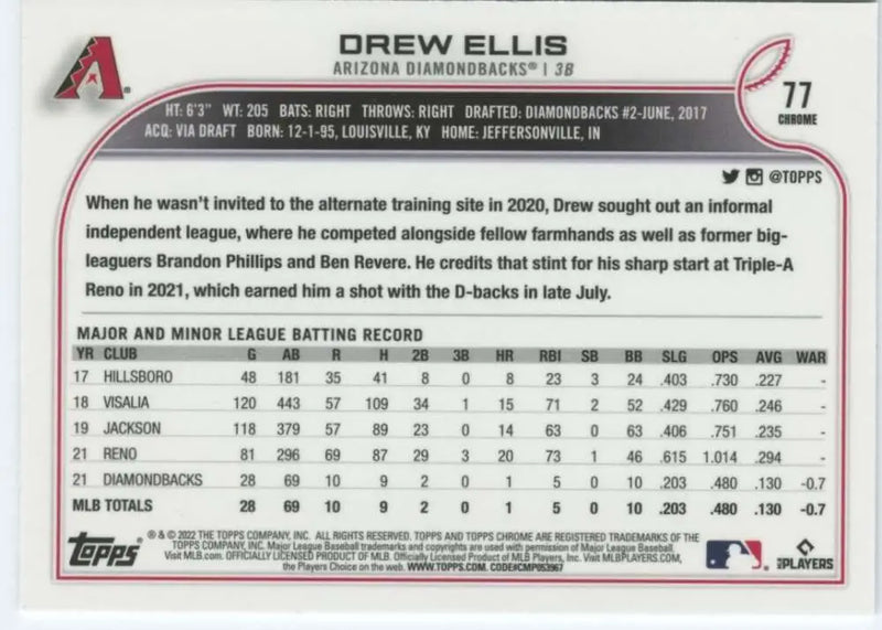 2022 Topps Chrome #77 Drew Ellis NM-MT RC Rookie Arizona Diamondbacks Baseball Card