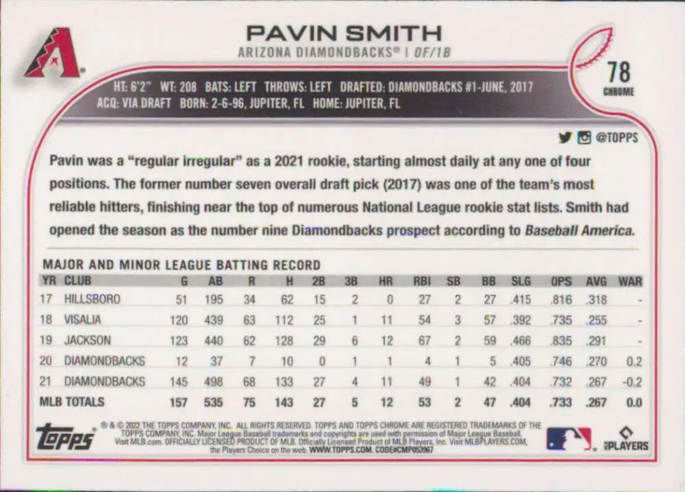 2022 Topps Chrome #78 Pavin Smith NM-MT Arizona Diamondbacks Baseball Card - Baseball Card Single
