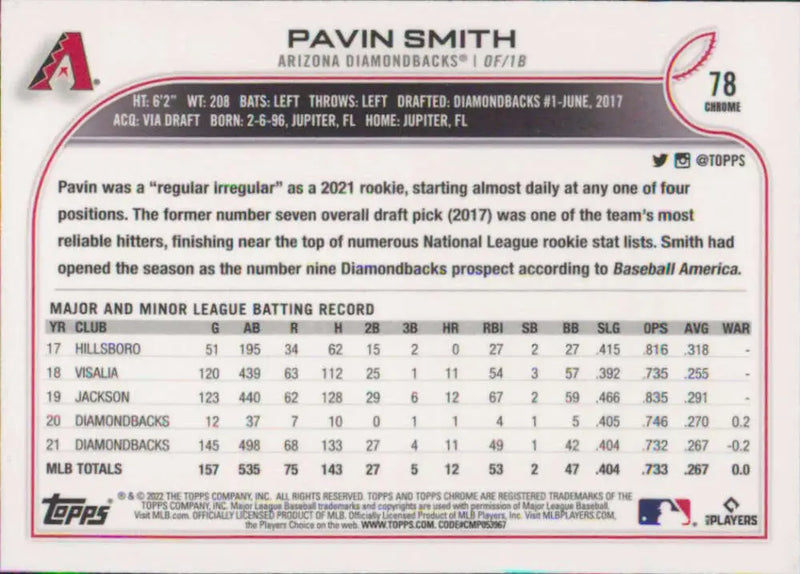 2022 Topps Chrome #78 Pavin Smith NM-MT Arizona Diamondbacks Baseball Card - Baseball Card Single