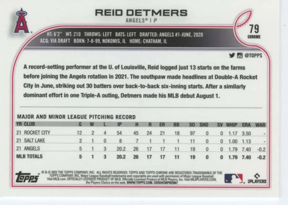 2022 Topps Chrome #79 Reid Detmers NM-MT RC Rookie Los Angeles Angels Baseball Card - Baseball Card Single