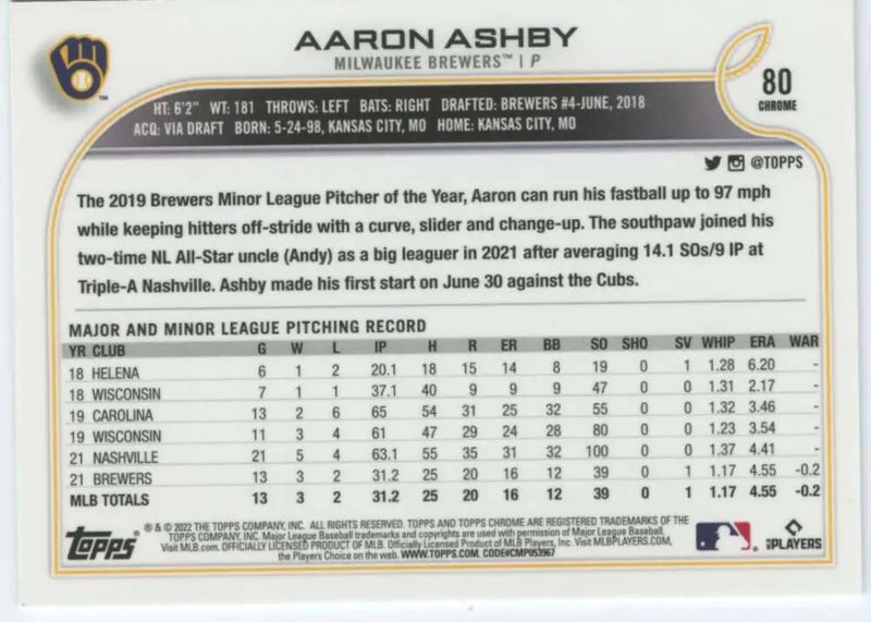 2022 Topps Chrome #80 Aaron Ashby NM-MT RC Rookie Milwaukee Brewers Baseball Card - Baseball Card Single