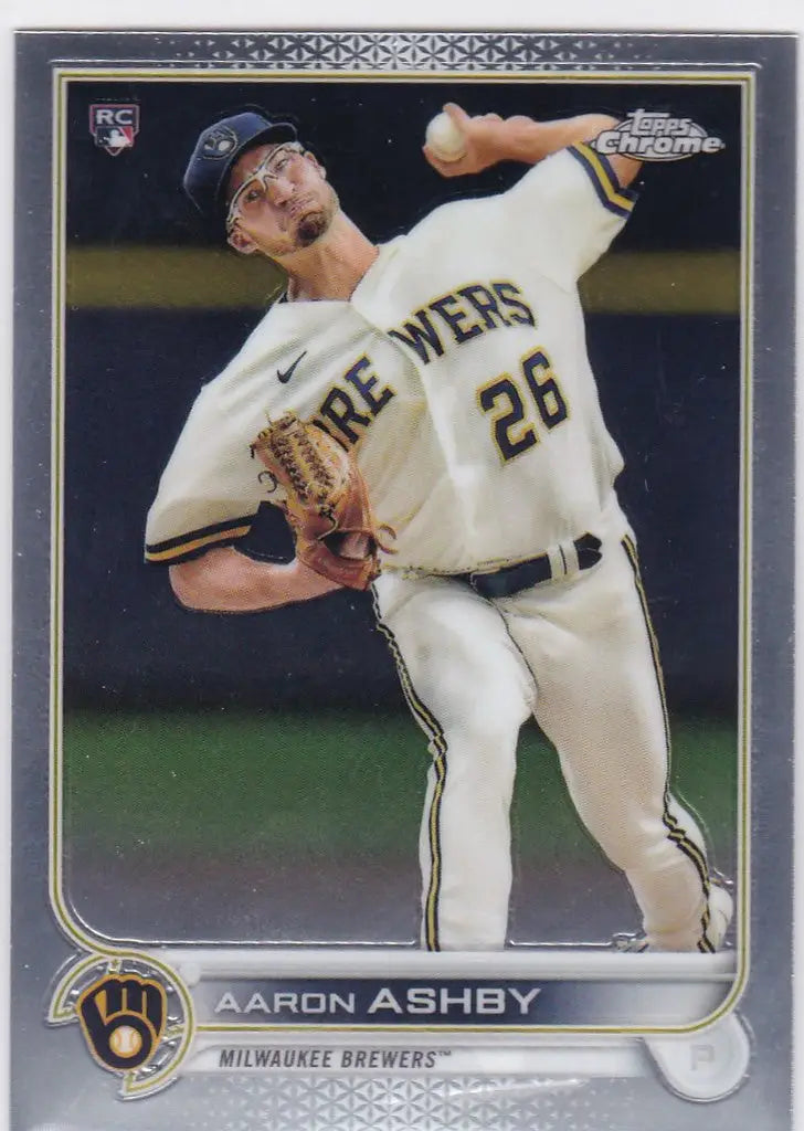 Baseball card of Aaron Ashby in mid-throw for 2022 Topps Chrome Base Milwaukee Brewers