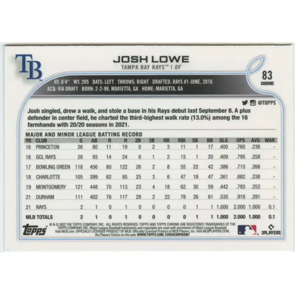 2022 Topps Chrome #83 Josh Lowe NM-MT RC Rookie Tampa Bay Rays Baseball Card - Baseball Card Single