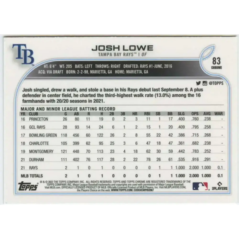 2022 Topps Chrome #83 Josh Lowe NM-MT RC Rookie Tampa Bay Rays Baseball Card - Baseball Card Single