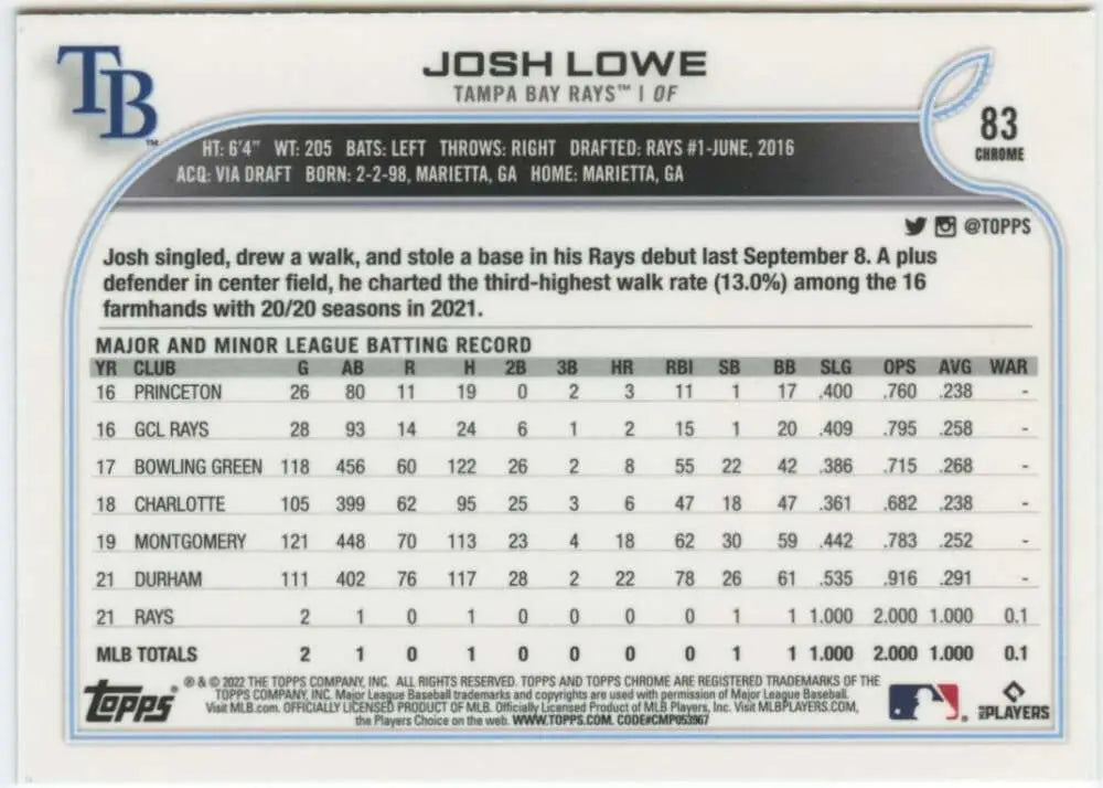 2022 Topps Chrome #83 Josh Lowe NM-MT RC Rookie Tampa Bay Rays Baseball Card - Baseball Card Single