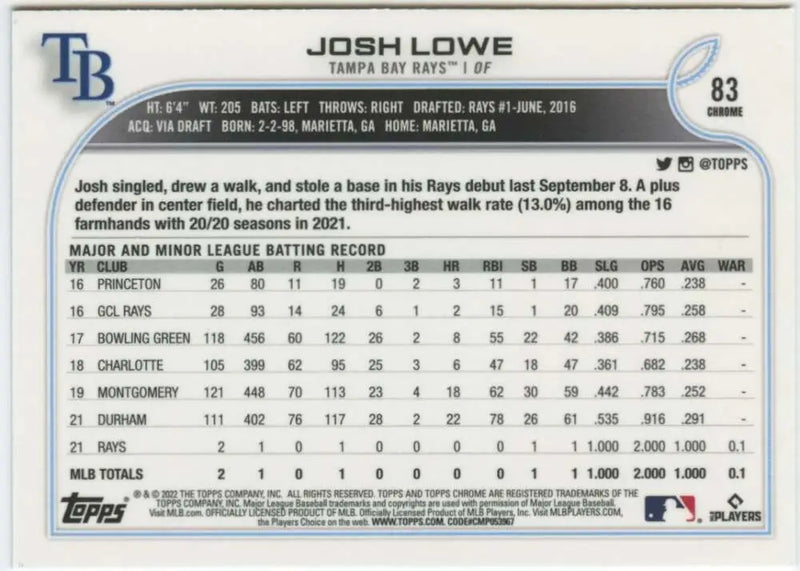 2022 Topps Chrome #83 Josh Lowe NM-MT RC Rookie Tampa Bay Rays Baseball Card - Baseball Card Single