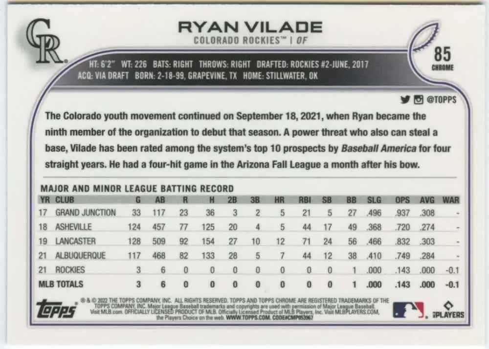 2022 Topps Chrome #85 Ryan Vilade NM-MT RC Rookie Colorado Rockies Baseball Card - Baseball Card Single
