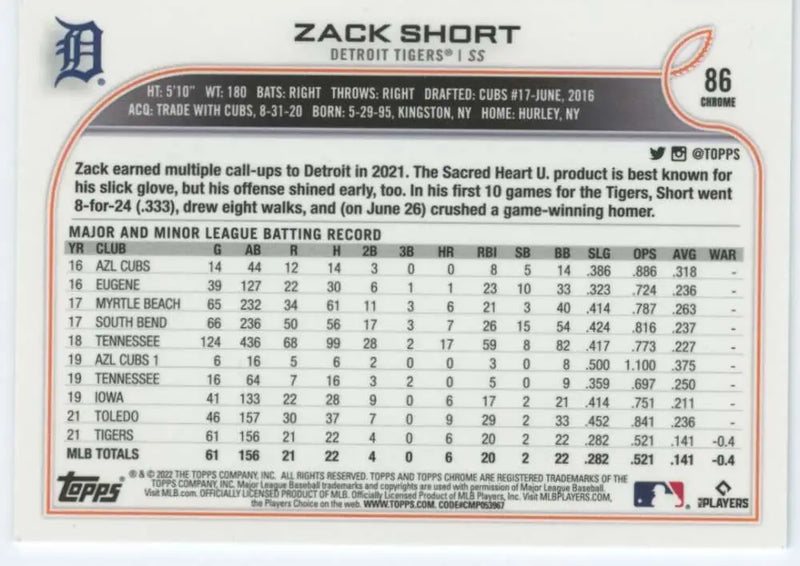 2022 Topps Chrome #86 Zack Short NM-MT RC Rookie Detroit Tigers Baseball Card - Baseball Card Single