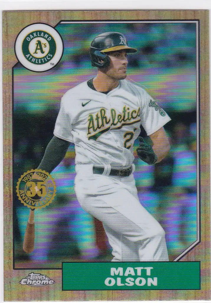 Baseball card of Matt Olson in Topps Chrome 1987 Anniversary Oakland Athletics uniform