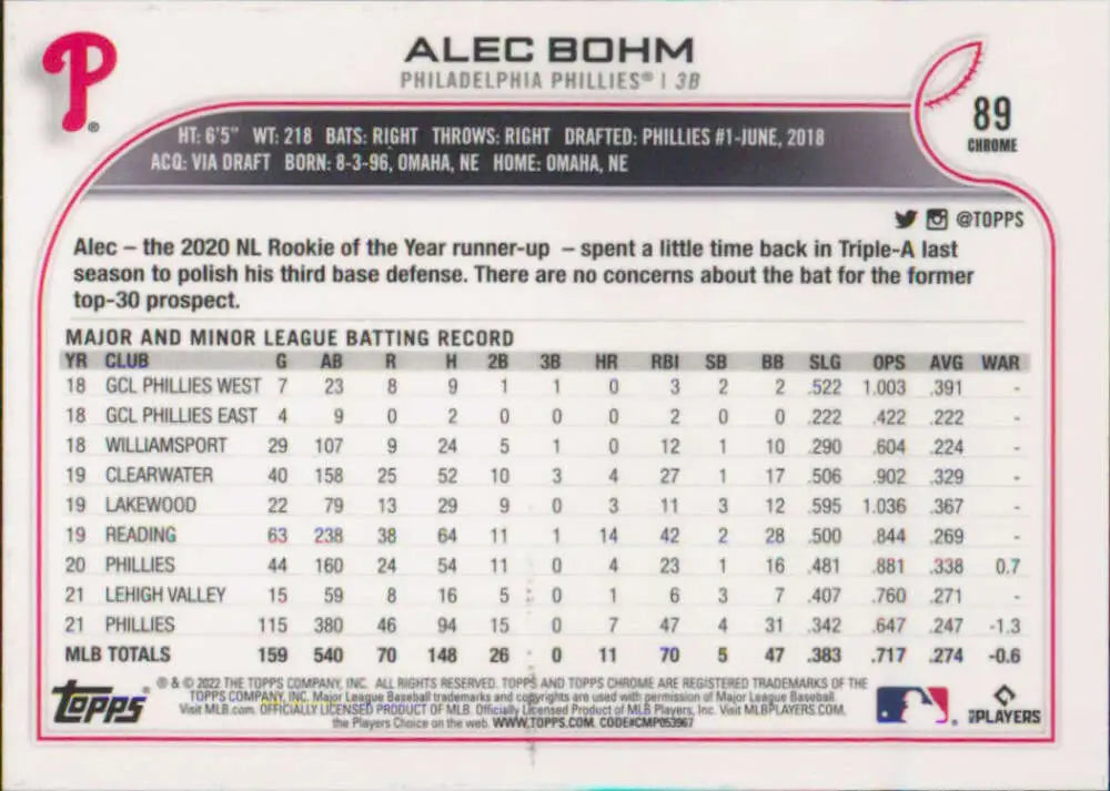 2022 Topps Chrome #89 Alec Bohm NM-MT Philadelphia Phillies Baseball Card - Baseball Card Single