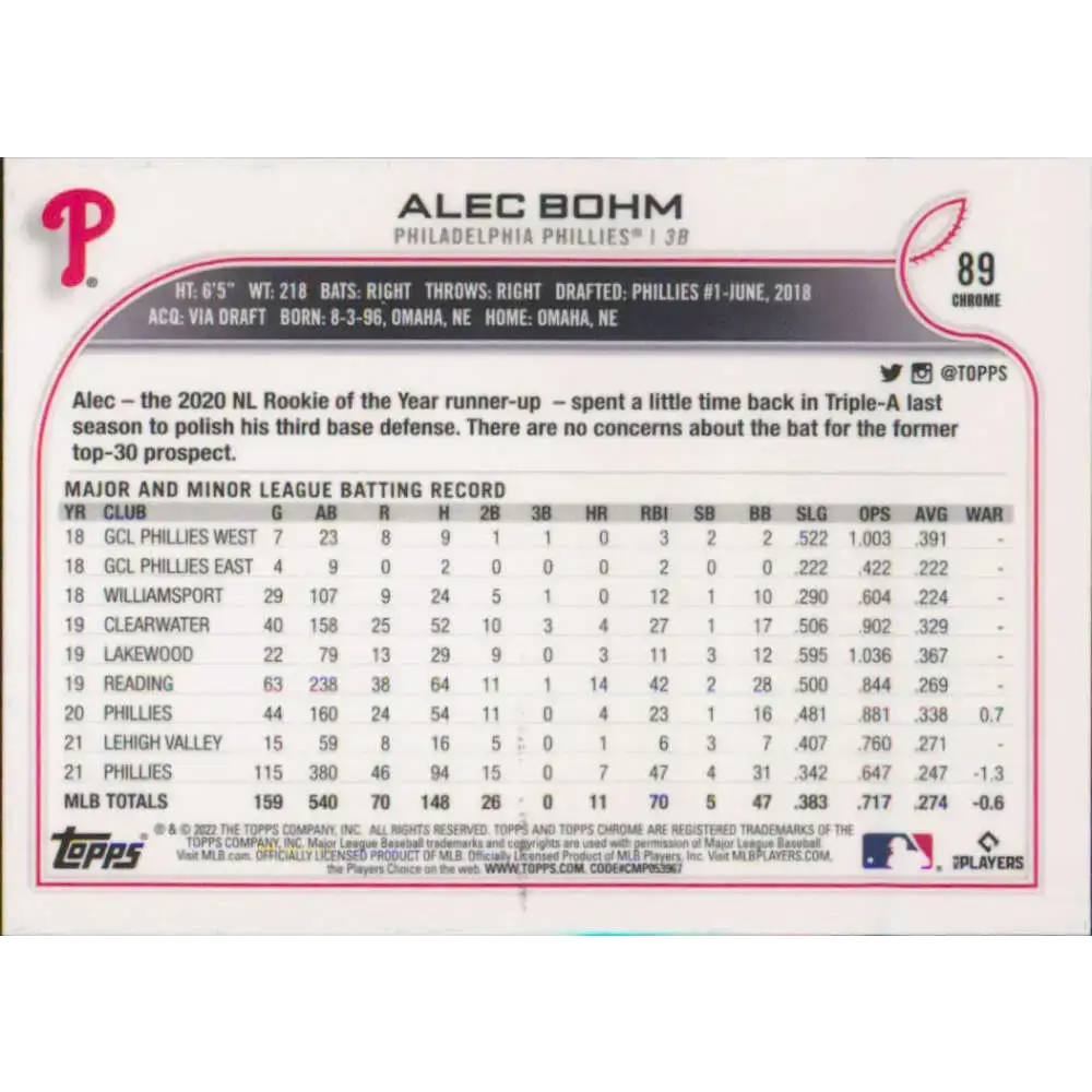 2022 Topps Chrome #89 Alec Bohm NM-MT Philadelphia Phillies Baseball Card - Baseball Card Single