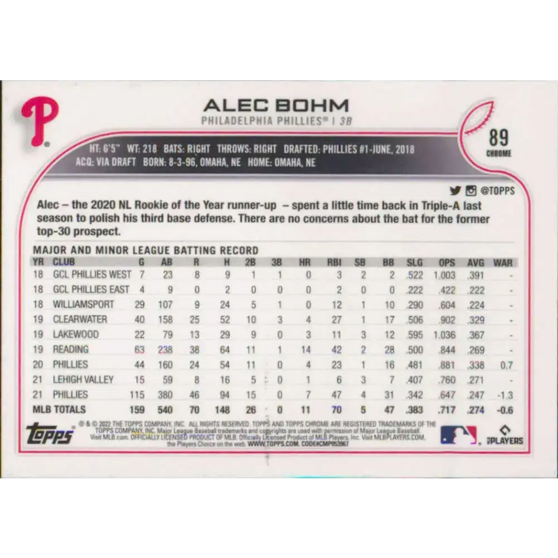 2022 Topps Chrome #89 Alec Bohm NM-MT Philadelphia Phillies Baseball Card - Baseball Card Single