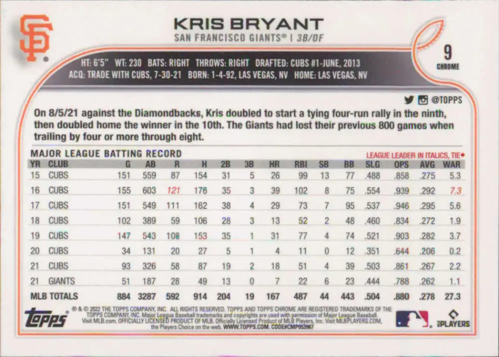 2022 Topps Chrome #9 Kris Bryant NM-MT San Francisco Giants Baseball Card - Baseball Card Single