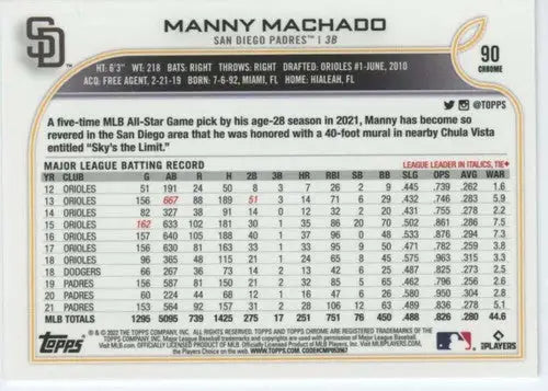 2022 Topps Chrome #90 Manny Machado NM-MT Padres ID:51634 - Baseball Card Single