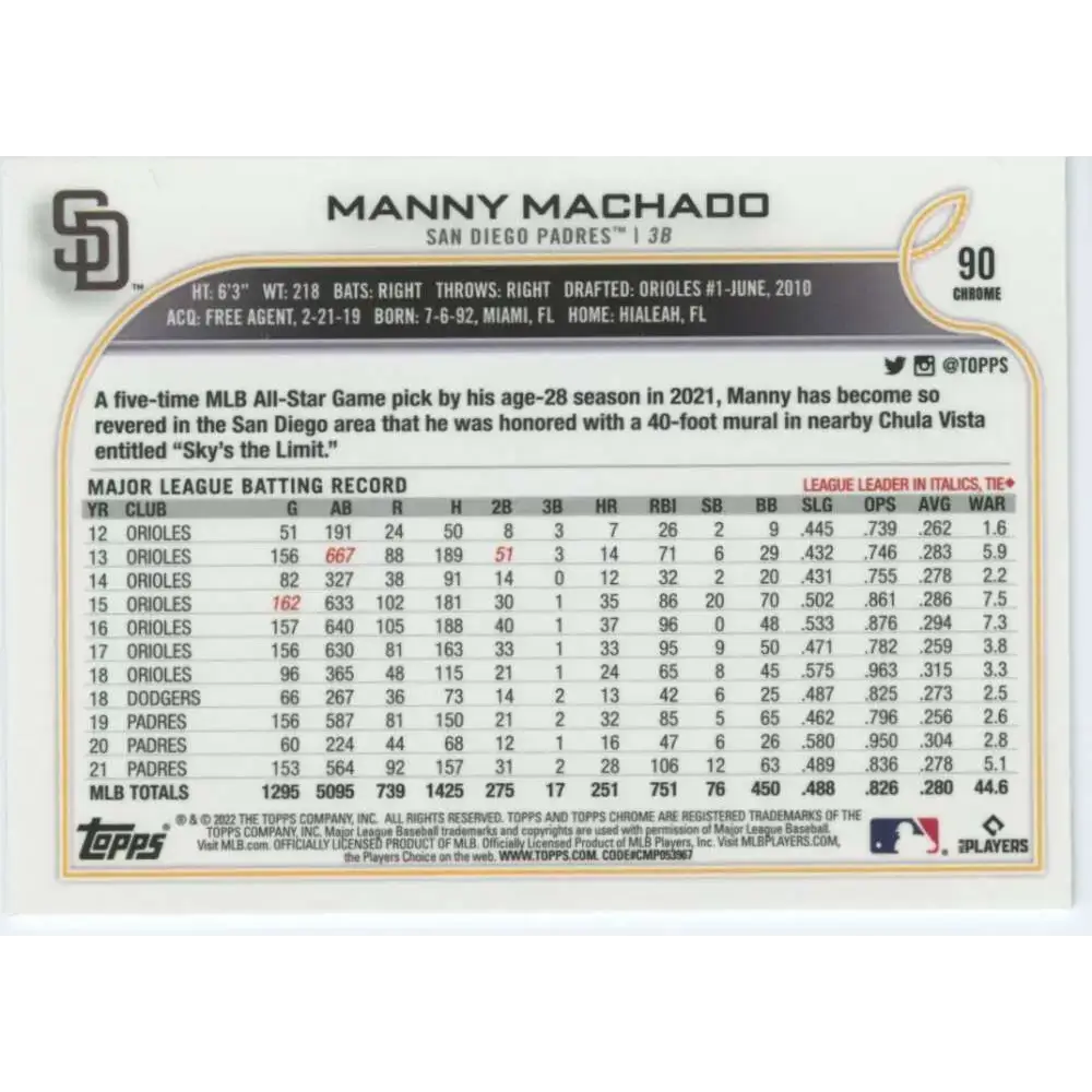 2022 Topps Chrome #90 Manny Machado NM-MT San Diego Padres Baseball Card - Baseball Card Single