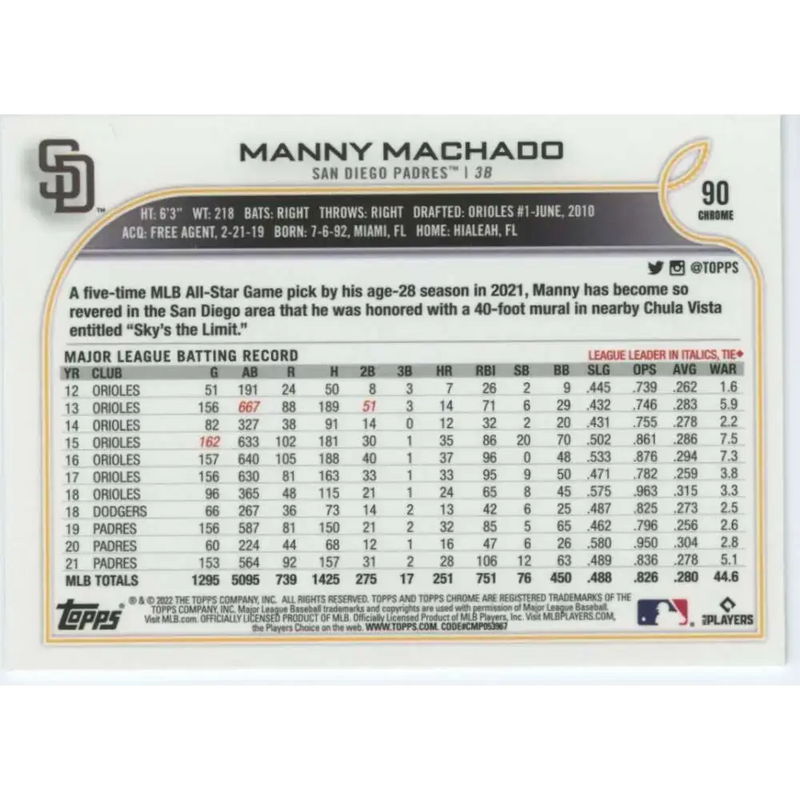 2022 Topps Chrome #90 Manny Machado NM-MT San Diego Padres Baseball Card - Baseball Card Single