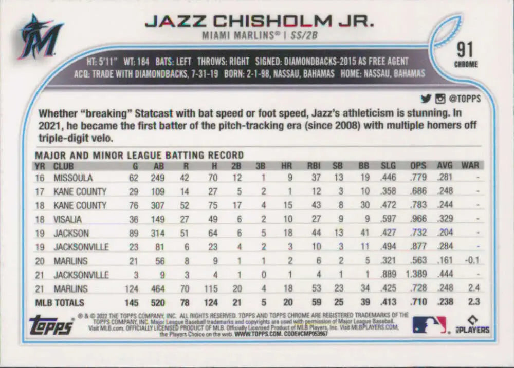 2022 Topps Chrome #91 Jazz Chisholm Jr. NM-MT Miami Marlins Baseball Card - Baseball Card Single