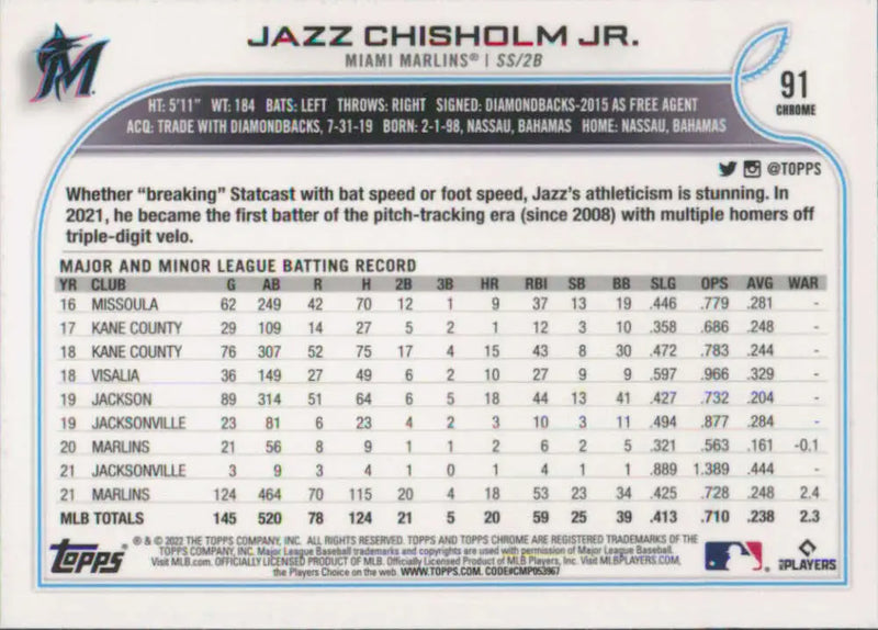 2022 Topps Chrome #91 Jazz Chisholm Jr. NM-MT Miami Marlins Baseball Card - Baseball Card Single