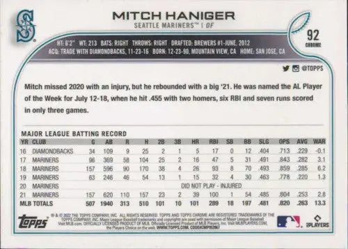 2022 Topps Chrome #92 Mitch Haniger NM-MT Mariners ID:51628 - Baseball Card Single
