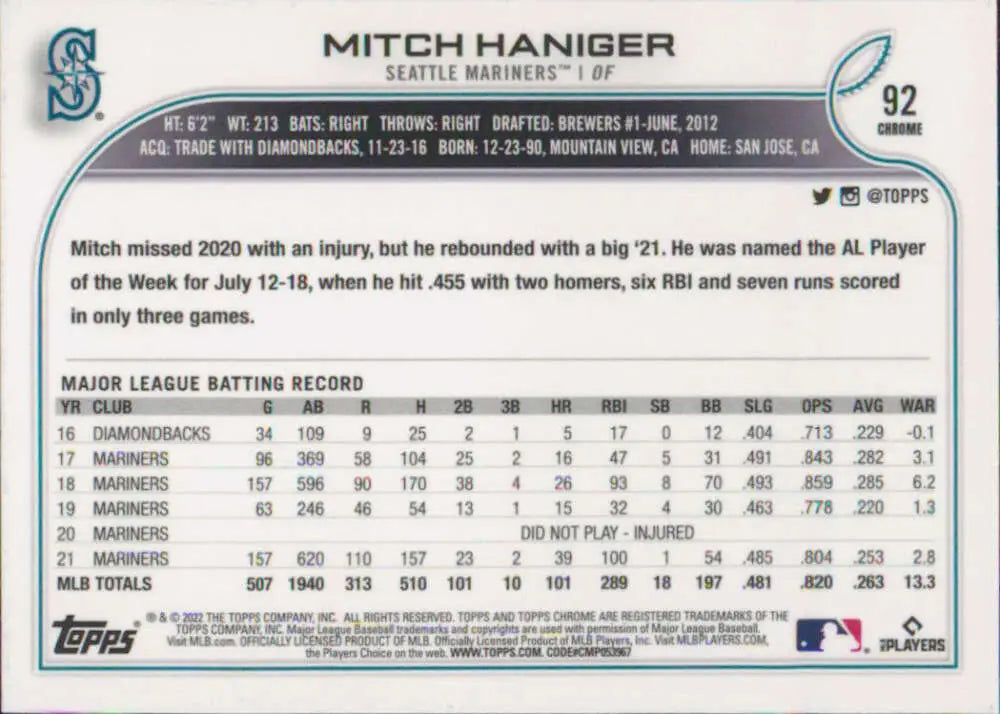 2022 Topps Chrome #92 Mitch Haniger NM-MT Seattle Mariners Baseball Card - Baseball Card Single