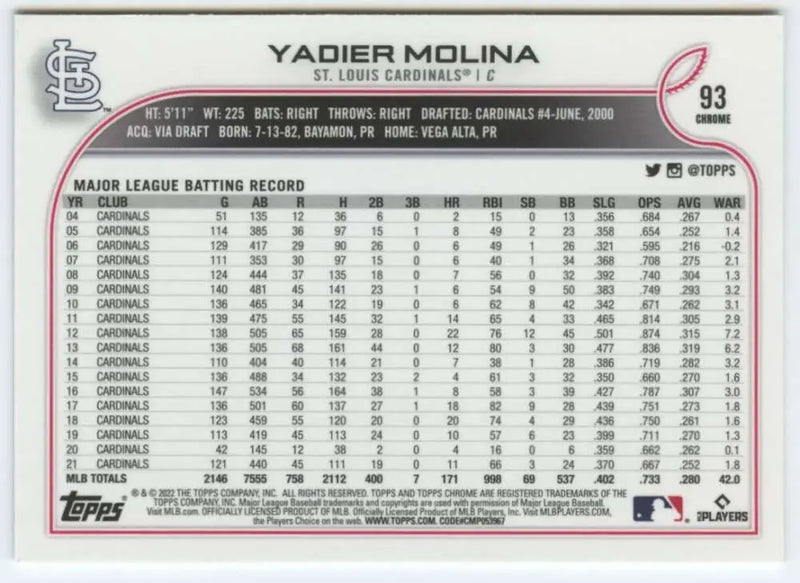 2022 Topps Chrome #93 Yadier Molina NM-MT St. Louis Cardinals Baseball Card - Baseball Card Single