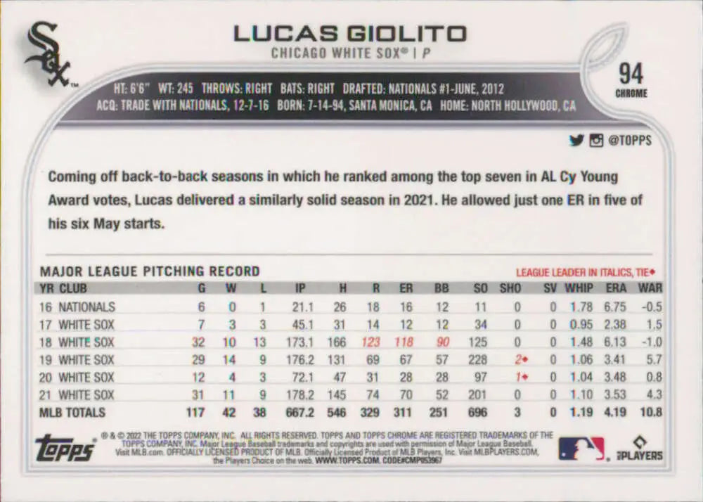 2022 Topps Chrome #94 Lucas Giolito NM-MT Chicago White Sox Baseball Card - Baseball Card Single